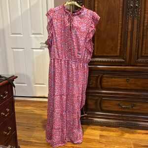 Black Tape  Pink Dress with Blue and Periwinkle Flowers, Flutter Sleeves